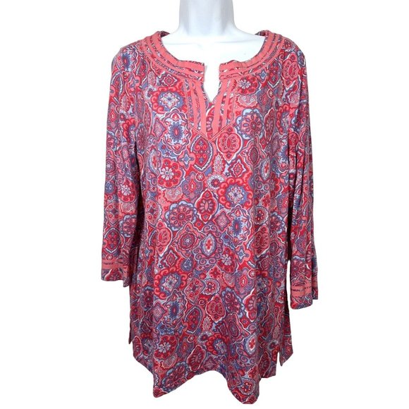 Talbots Large Womens Tunic Top Pink Colorful 3/4 Sleeve Cotton Modal Split VNeck - Picture 1 of 9